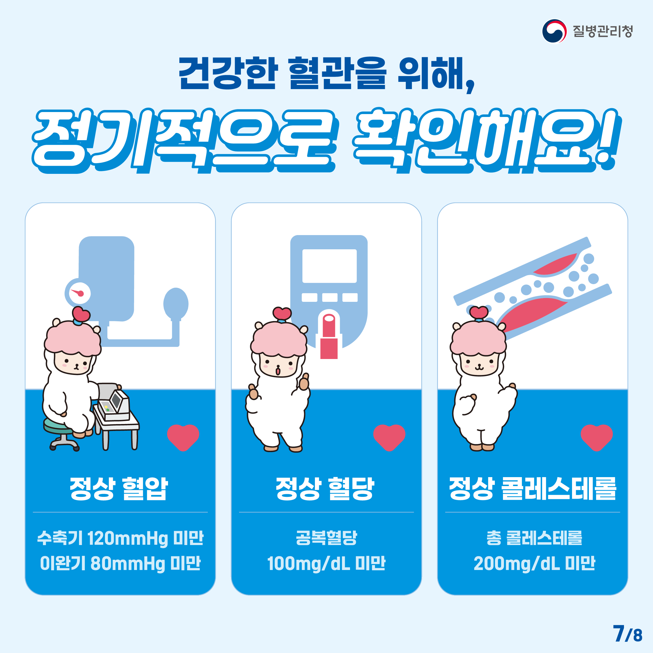 건강한 혈관을 위해, 정기적으로 확인해요! -정상 혈압(수축기 120mmHg 미만 / 이완기 80mmHg 미만)  -정상 혈당(공복혈당 100mg / dL 미만)  -정상 콜레스테롤(총 콜레스테롤 200mg / dL 미만)