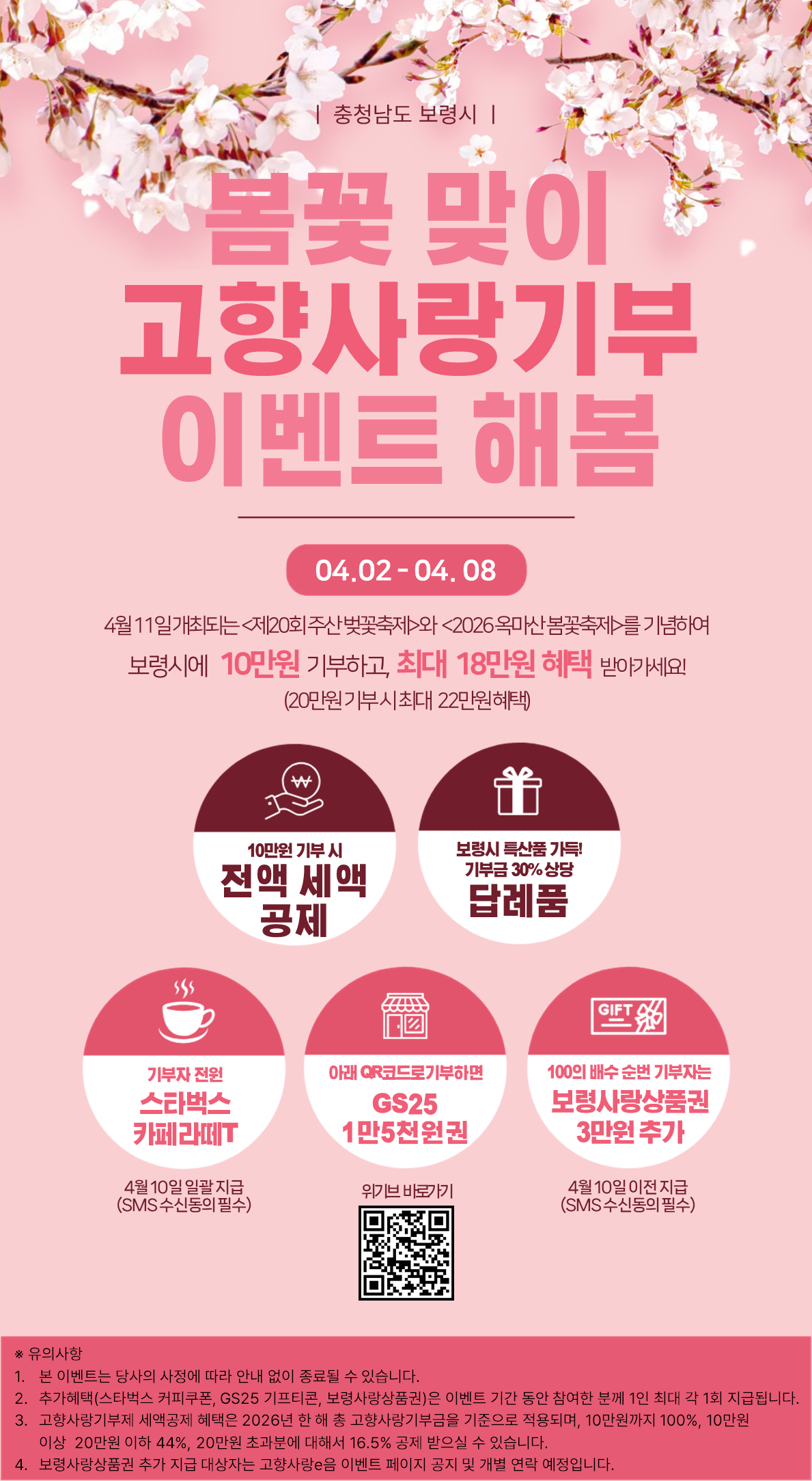 충청남도 보령시 봄꽃 맞이 고향사랑기부 이벤트 해봄 04.02~04.08 4월11일개최되는<제20회주산벚꽃축제>와 <2026 옥마산 봄꽃축제>를 기념하여 보령시에 10만원 기부하고 최대 18만원 혜택 받아가세요! (20만원 기부 시 최대 22만원 혜택) 10만원 기부 시 전액 세액 공제 보령시 특산품 가드! 기부금 30%상당 답례품 기부자 전원 스타벅스 카페라떼T 4월 10일 일괄 지급(SMS수신동의 필수) 아래QR코드로 기부하면 GS25 1만5천원권 위기브 바로가기 100의 배수 순번 기부자는 보령사랑상품권 3만원 추가 4월 10일 이전 지급(SMS 수신동의 필수) * 유의사항 1. 본 이벤트는 당사의 사정에 따라 안내 없이 종료될 수 있습니다. 2. 추가혜택(스타벅스 커피쿠폰, GS25 기프티콘, 보령사랑상품권)은 이벤트 기간 동안 참여한 분께 1인 최대 각 1회 지급됩니다. 3. 고향사랑기부제 세액공제 혜택은 2026년 한 해 총 고향사랑기부금을 기준으로 적용되며, 10만원까지 100%, 10만원 이상 20만원 이하 44%, 20만원 초과분에 대해서 16.5%공제 받으실 수 있습니다. 4. 보령사랑상품권 추가 지급 대상자는 고향사랑E음 이벤트 페이지 공지 및 개별 연락 예정입니다.