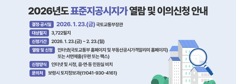 2026년도 표준지공시지가 열람 및 이의신청 안내 -결정·공시일: 2026. 1. 23.(금) 국토교통부장관 -대상필지: 3,722필지 -신청기간: 2026. 1. 23.(금) ∼ 2. 23.(월) -열람및신청: 인터넷(국토교통부 홈페이지 및 부동산공시가격알리미 홈페이지) 또는 서면제출(우편 또는 팩스) -신청양식: 인터넷 및 시청, 읍·면·동 민원실 비치 -문의처: 보령시 토지정보과(☎041-930-4161)