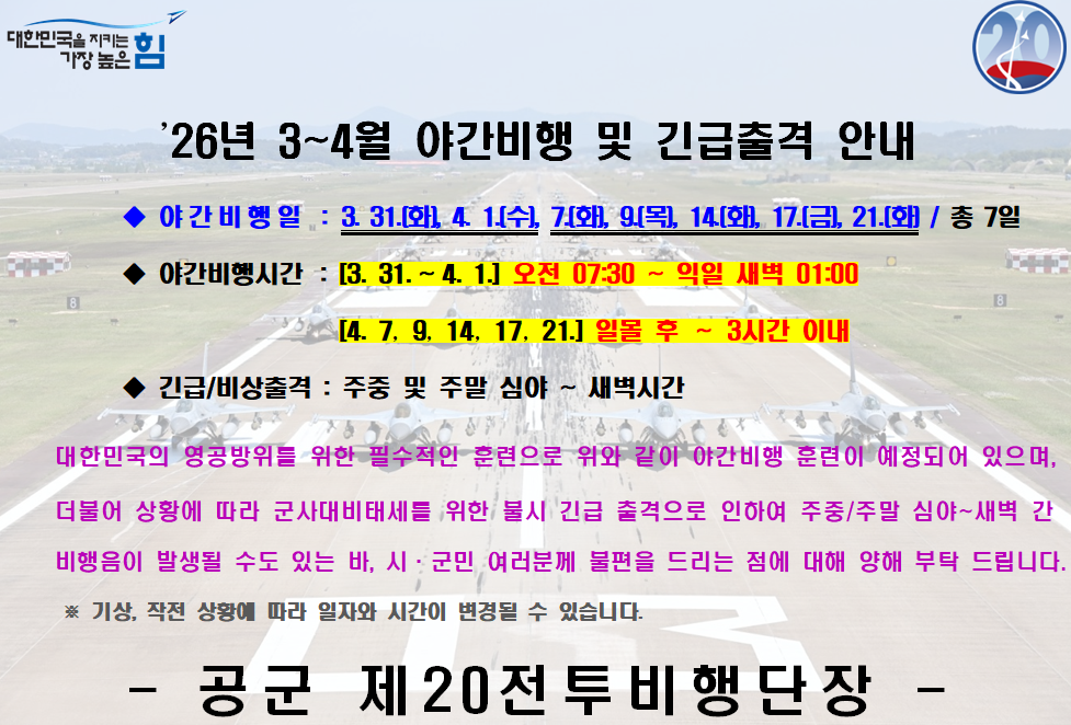 대한민국을 지키는 가장 높은 힘 '26년 3~4월 야간비행 및 긴급출격 안내 야간비행일: 3. 31.화, 4. 1.수, 7.화, 9.목, 14.화, 17.금, 21.화 / 총 7일 야간비행시간: 3. 31. ~4. 1. 오전07:30~익일 새벽 01:00 4.7, 9,14,17,21 일몰 후 ~ 3시간 이내 긴급/비상출격: 주중 및 주말 심야~새벽시간 대한민국의 영공방위를 위한 필수적인 훈련으로 위와 같이 야간비행 훈련이 예정되어 있으며, 더불어 상황에 따라 군사대비태세를 위한 불시 긴급 출격으로 인하여 주중/주말 심야~새벽 간 비행음이 발생될 수도 있는 바, 시군민 여러분께 불편을 드리는 점에 대해 양해 부탁드립니다. 기상, 작전 상황에 따라 일자와 시간이 변경될 수 있습니다. 공군 제20전투비행단장