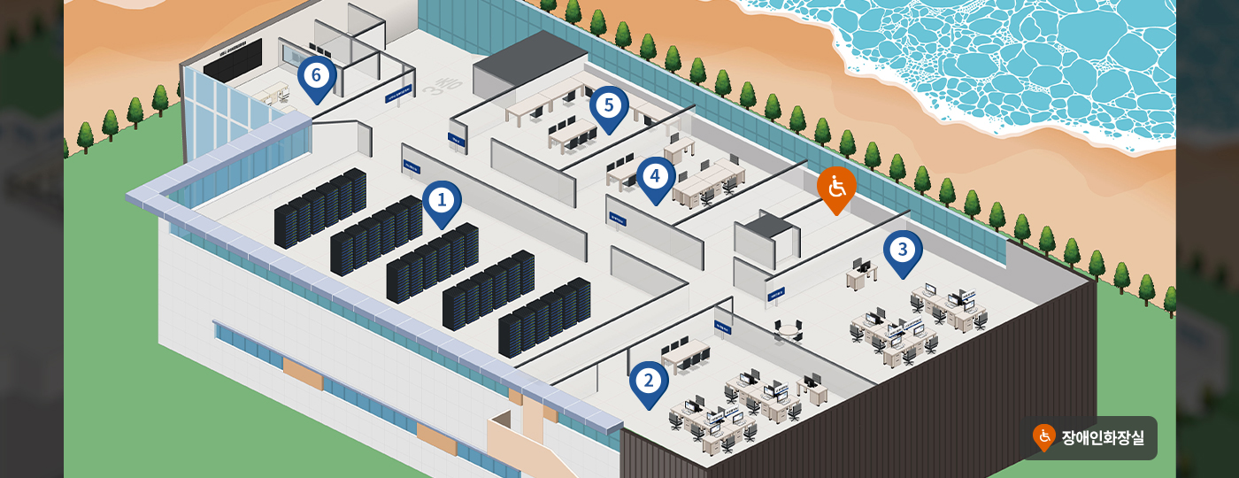 관제센터 3층 배치도이며 1번 전산통신실 2번 대외협력과 3번 체육진흥과 4번 통계작업실 5번 방송실 6번 사이버 침해대응센터 장애인화장실